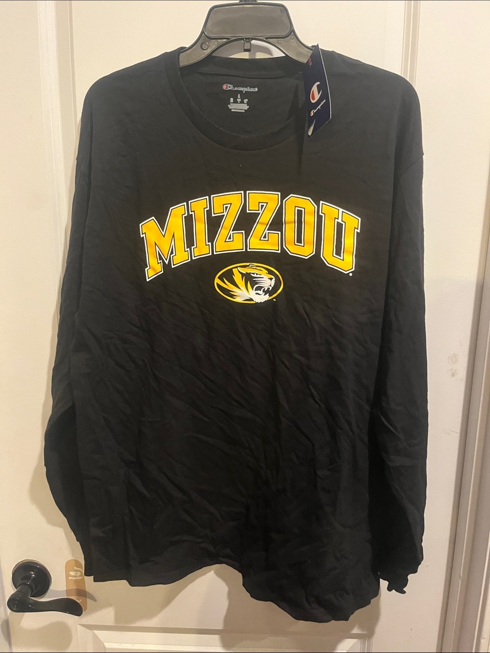 Champion Black Long Sleeve Tee with Yellow MIZZOU Logo
